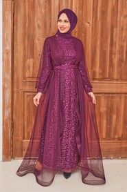 Purple Hijab Evening Dress 56291MOR - Thumbnail