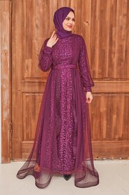 Purple Hijab Evening Dress 56291MOR - Thumbnail