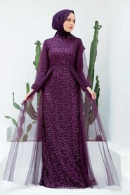 Purple Hijab Evening Dress 5632MOR - Thumbnail