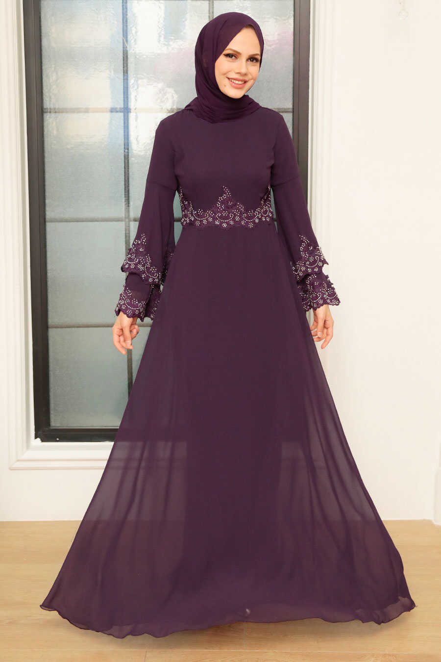 Purple Hijab Evening Dress 9181MOR