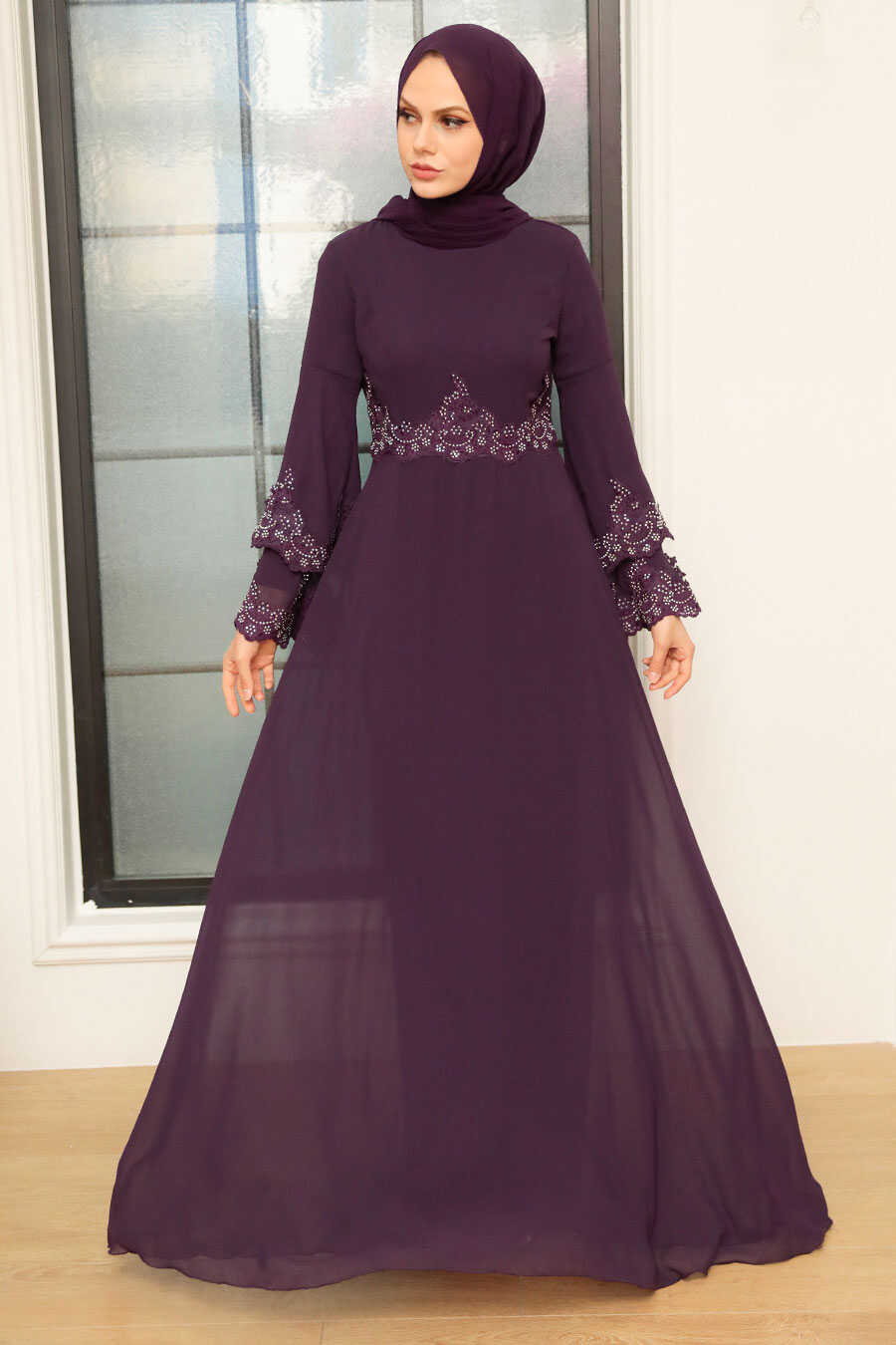 Purple Hijab Evening Dress 9181MOR