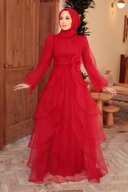 Red Hijab Evening Dress 22480K - Thumbnail