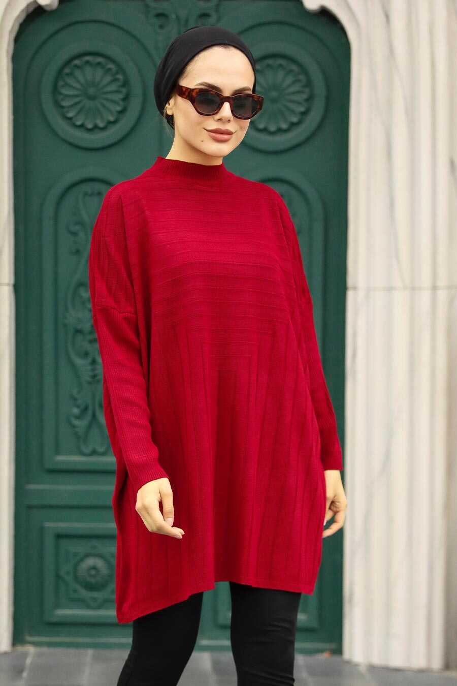 Red Hijab Knitwear Poncho 3404K