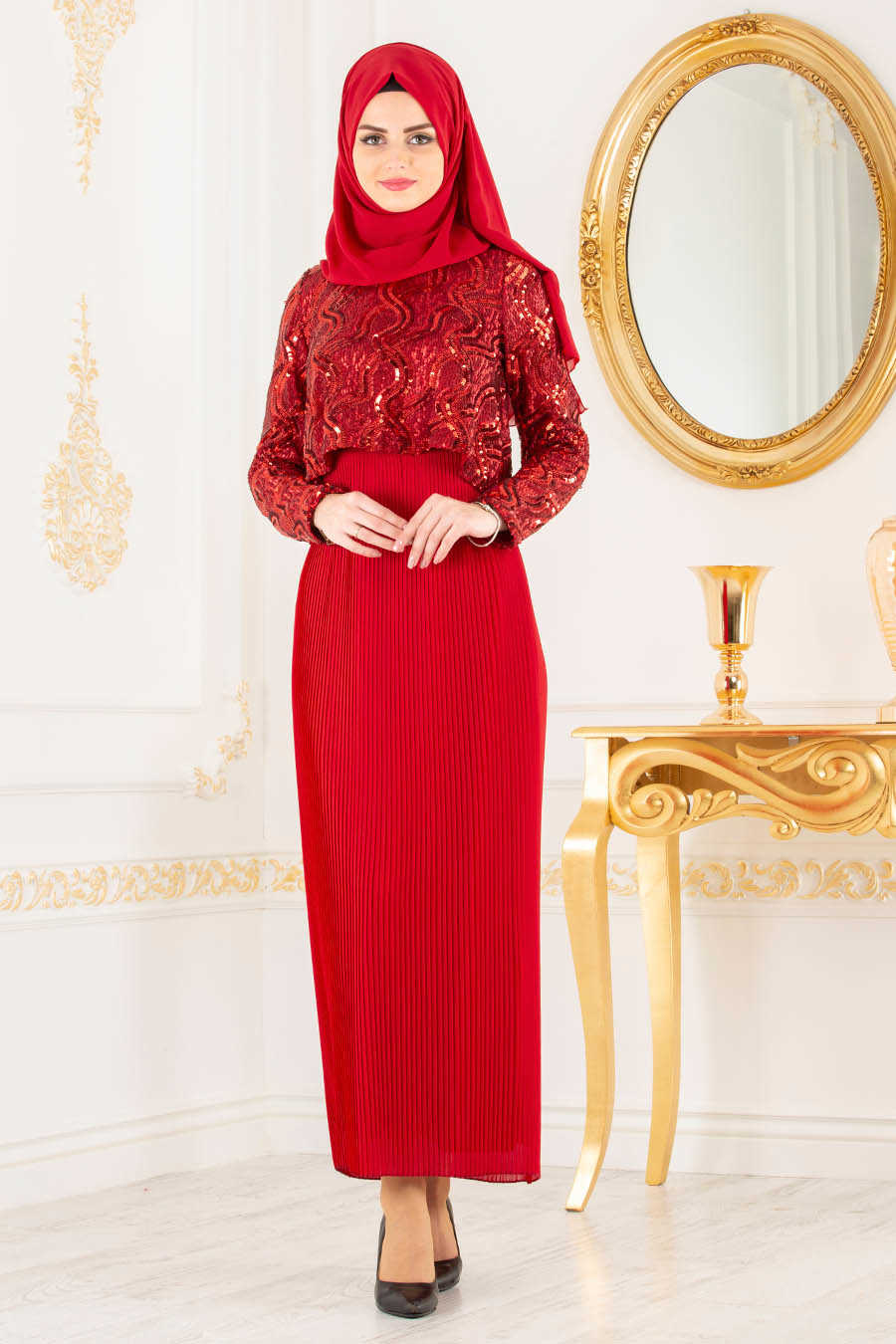 Red Hijab Evening Dress 3743K