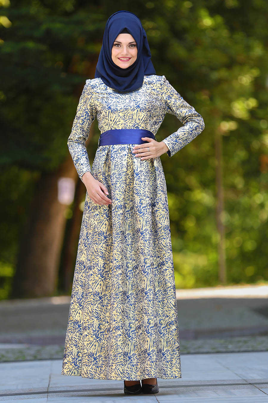 Neva Style - Long Sax Blue Islamic Long Sleeve Maxi Dress 24410SX