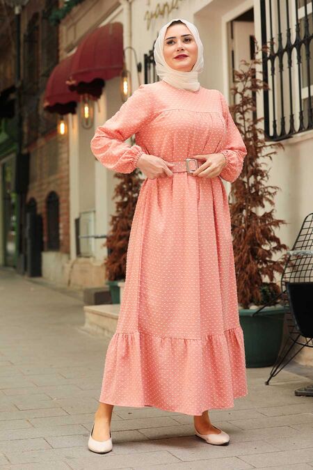 Salmon Pink Hijab Dress 3738SMN - Neva-style.com