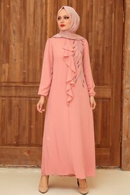 Neva Style - Modern Salmon Pink Islamic Long Sleeve Dress 12951SMN - Thumbnail