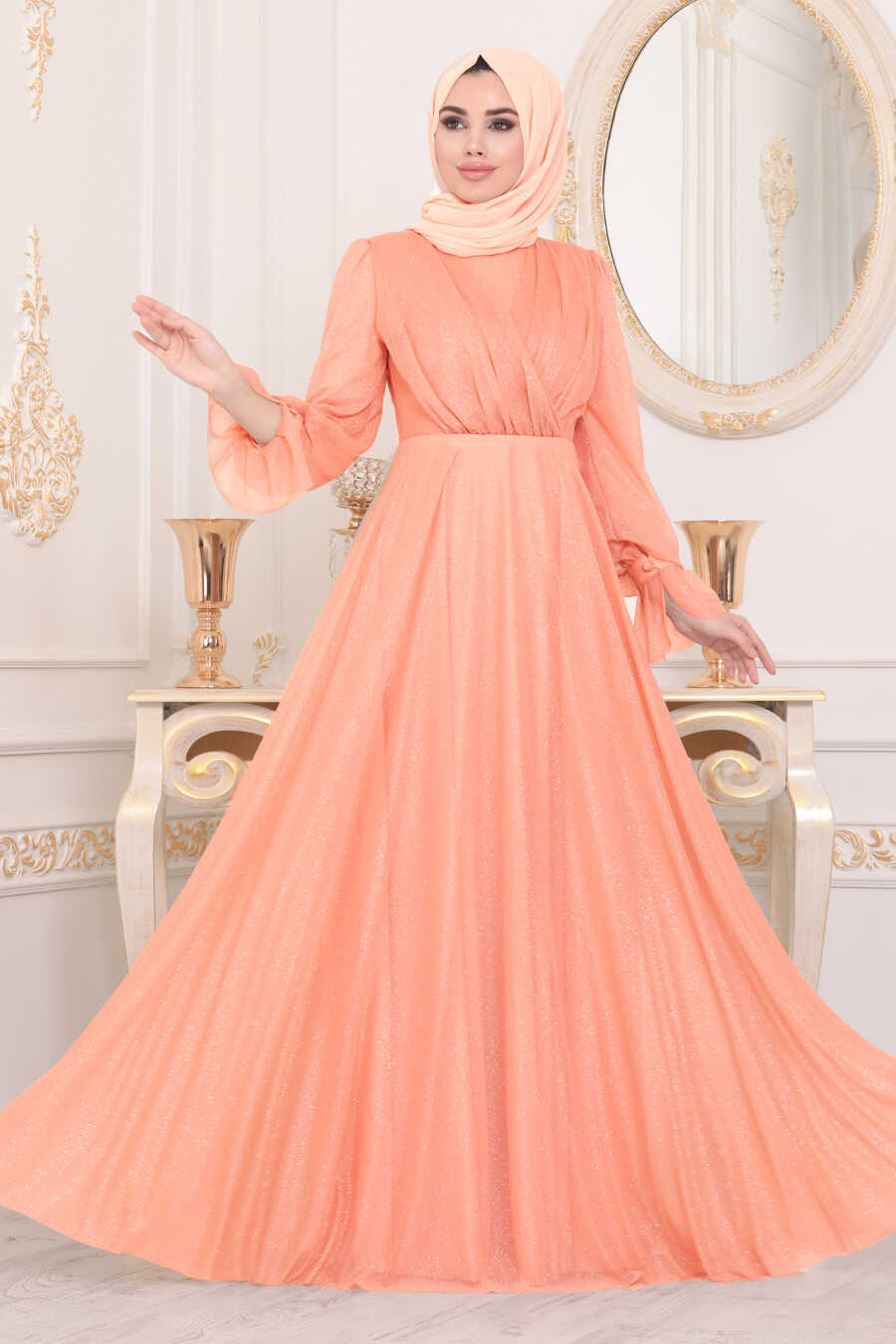 Salmon Pink Hijab Evening Dress 22202SMN