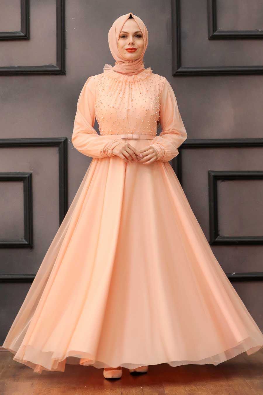 Salmon Pink Hijab Evening Dress 2712SMN - Neva-style.com