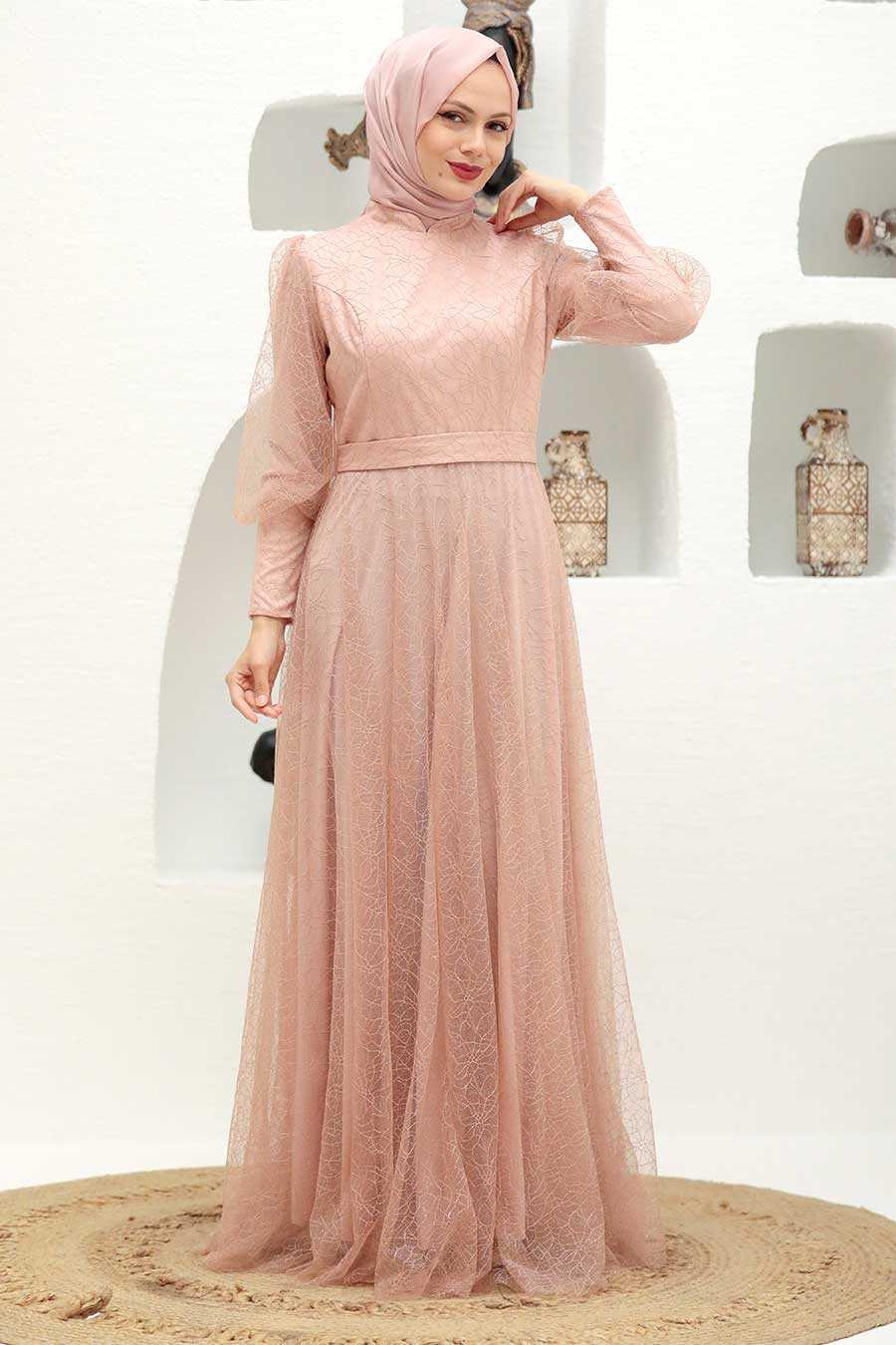 Salmon Pink Hijab Evening Dress 32763SMN