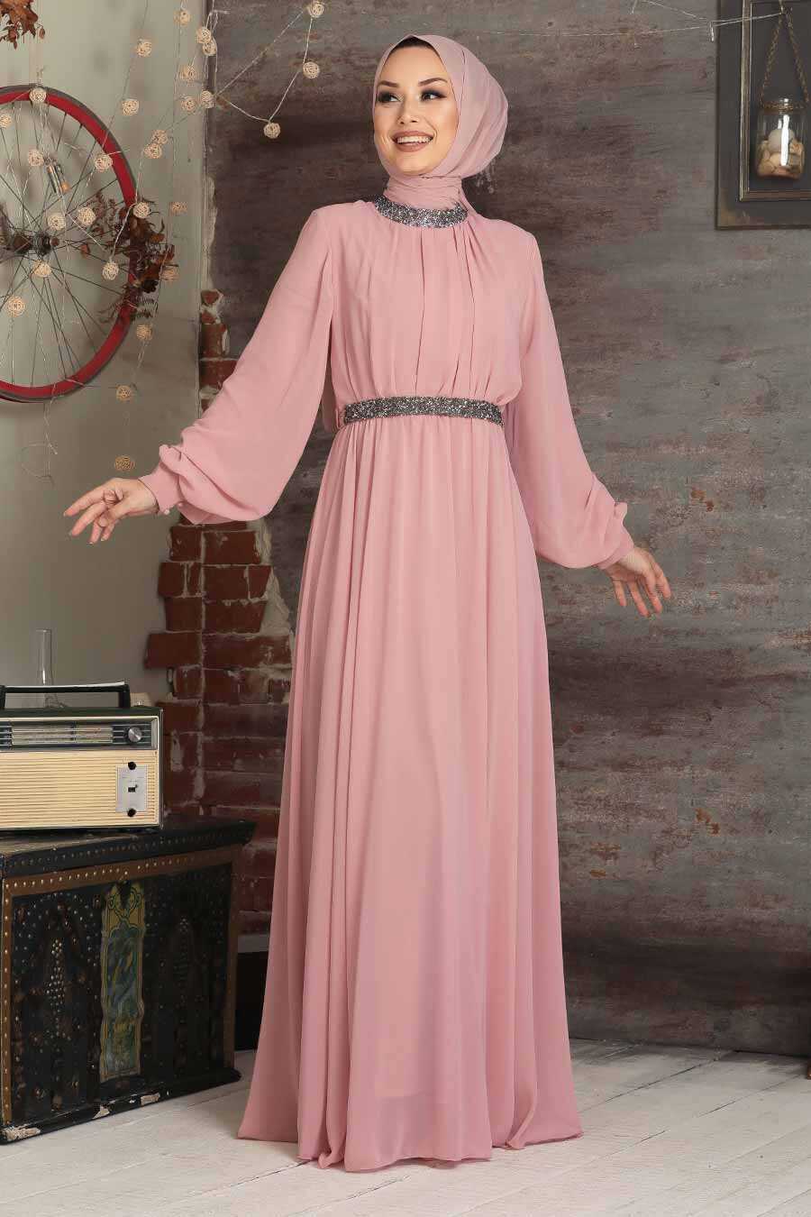 Salmon Pink Hijab Evening Dress 5339SMN