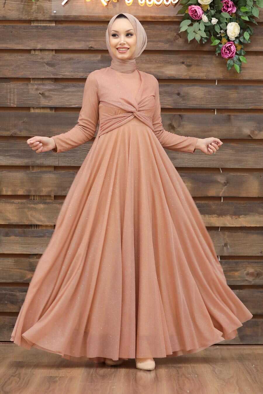 Salmon Pink Hijab Evening Dress 5397SMN 