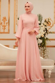 Salmon Pink Hijab Evening Dress 5470SMN - Thumbnail