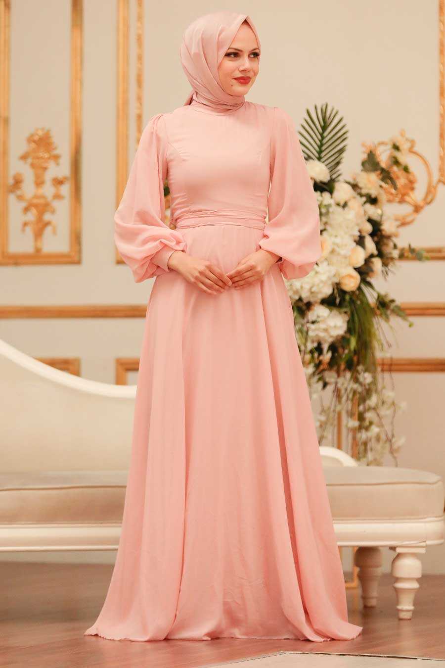 Salmon Pink Hijab Evening Dress 5470SMN