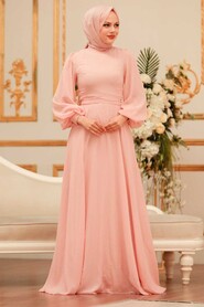 Salmon Pink Hijab Evening Dress 5470SMN - Thumbnail