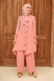 Salmon Pink Hijab Suit Dress 12510SMN - Thumbnail