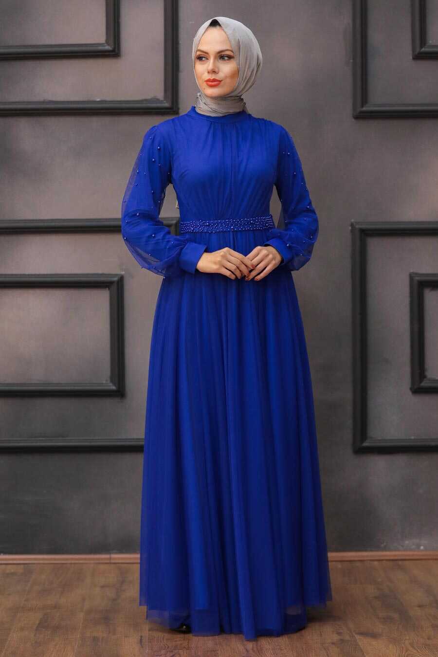 Sax Blue Hijab Evening Dress 5514SX
