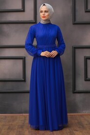 Sax Blue Hijab Evening Dress 5514SX - Thumbnail
