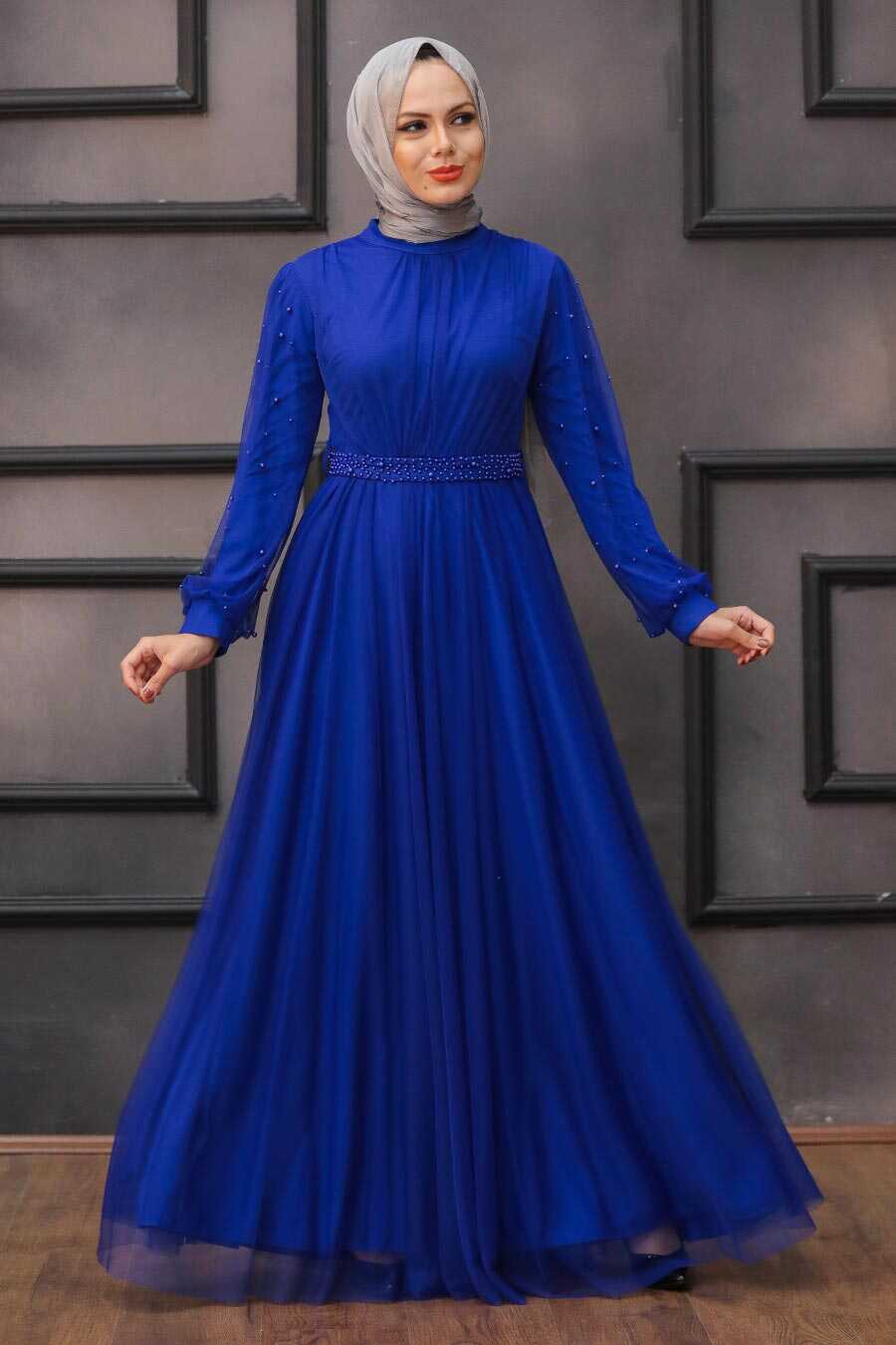 Sax Blue Hijab Evening Dress 5514SX