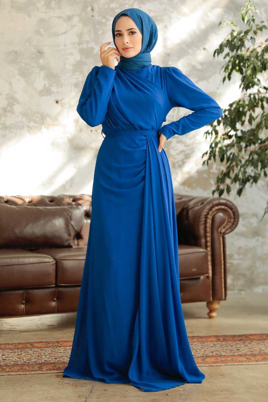 Sax Blue Hijab Evening Dress 5736SX