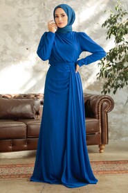 Sax Blue Hijab Evening Dress 5736SX - Thumbnail