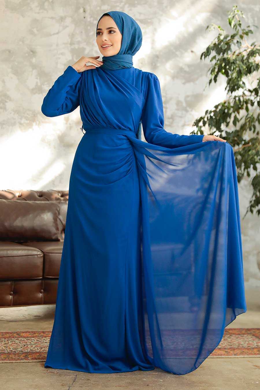 Sax Blue Hijab Evening Dress 5736SX
