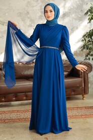 Sax Blue Hijab Evening Dress 5737SX - Thumbnail