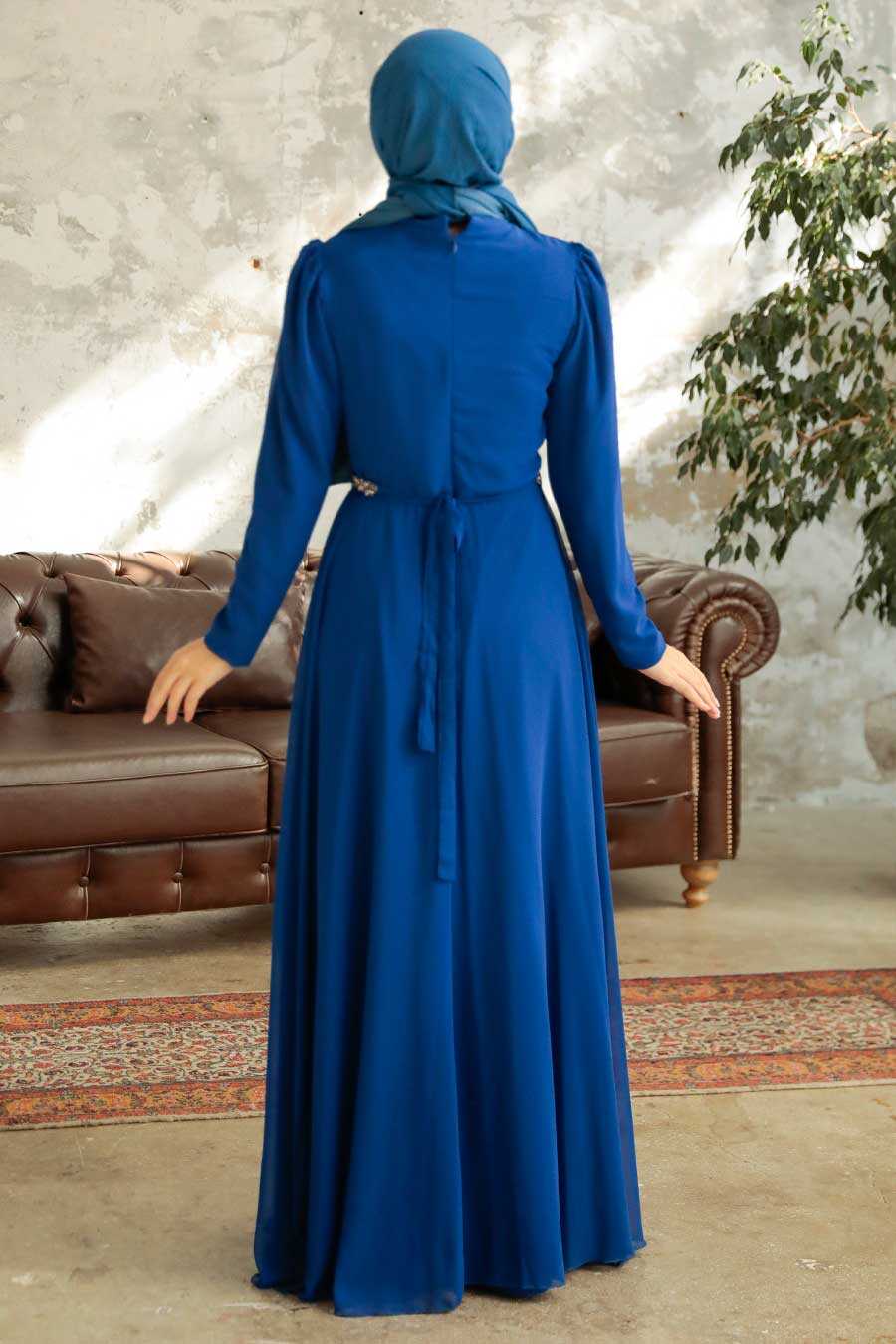 Sax Blue Hijab Evening Dress 5737SX