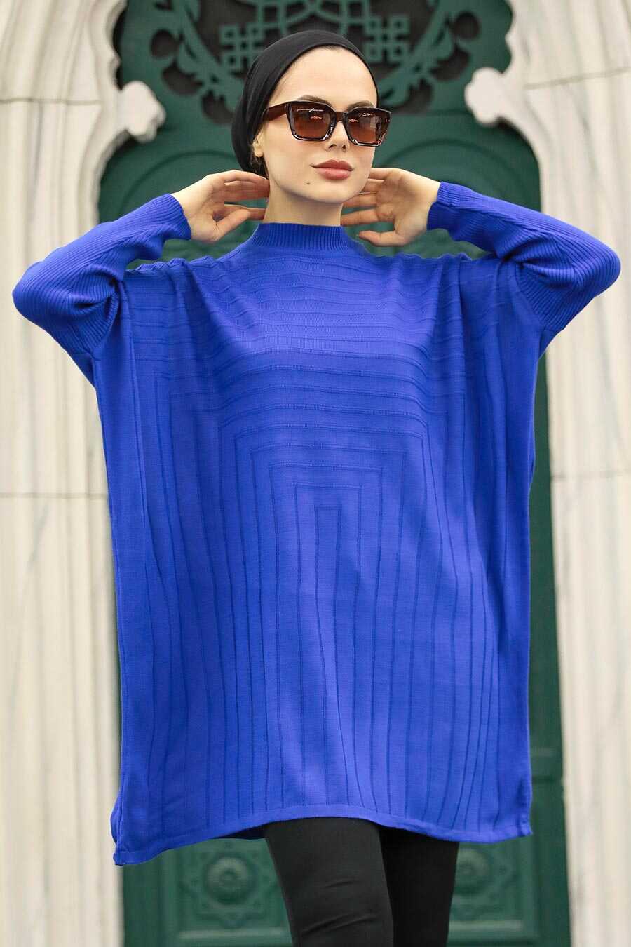 Sax Blue Hijab Knitwear Poncho 3404SX