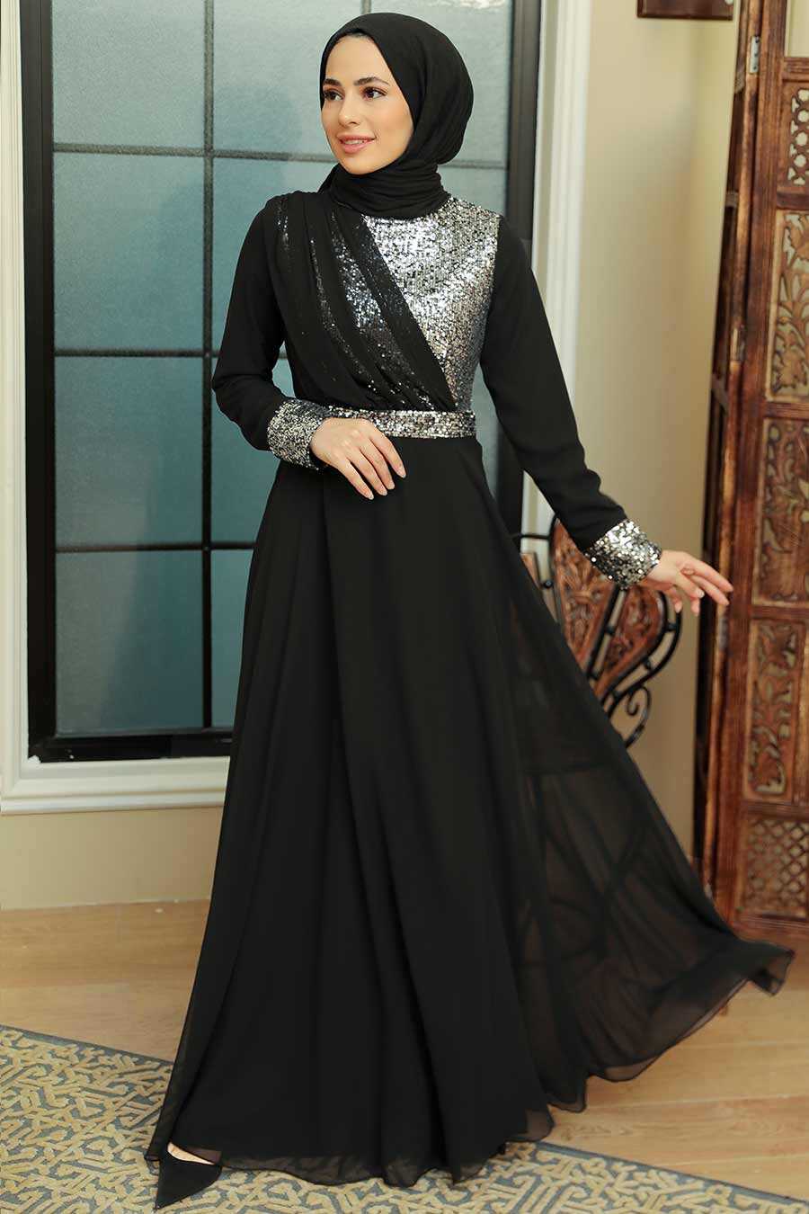 Silver Hijab Evening Dress 5793GMS