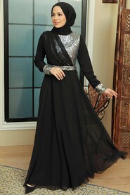Silver Hijab Evening Dress 5793GMS - Thumbnail