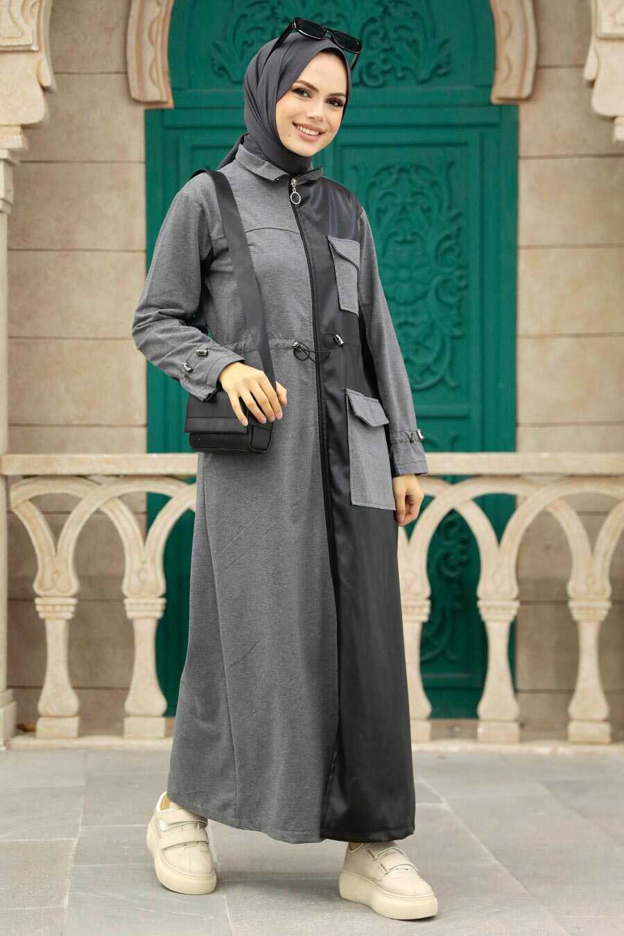 Smoke Color Hijab Coat 1365FU
