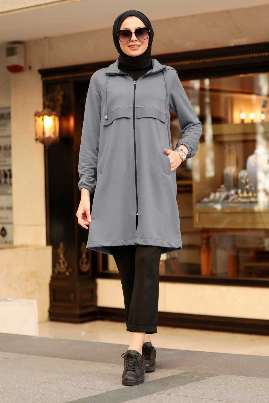 Smoke Color Hijab Coat 7148FU