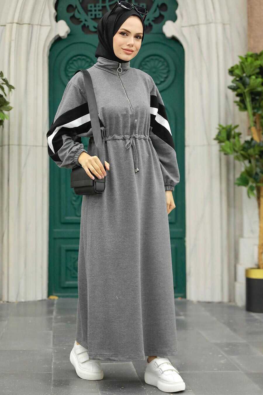 Smoke Color Hijab Dress 13610FU