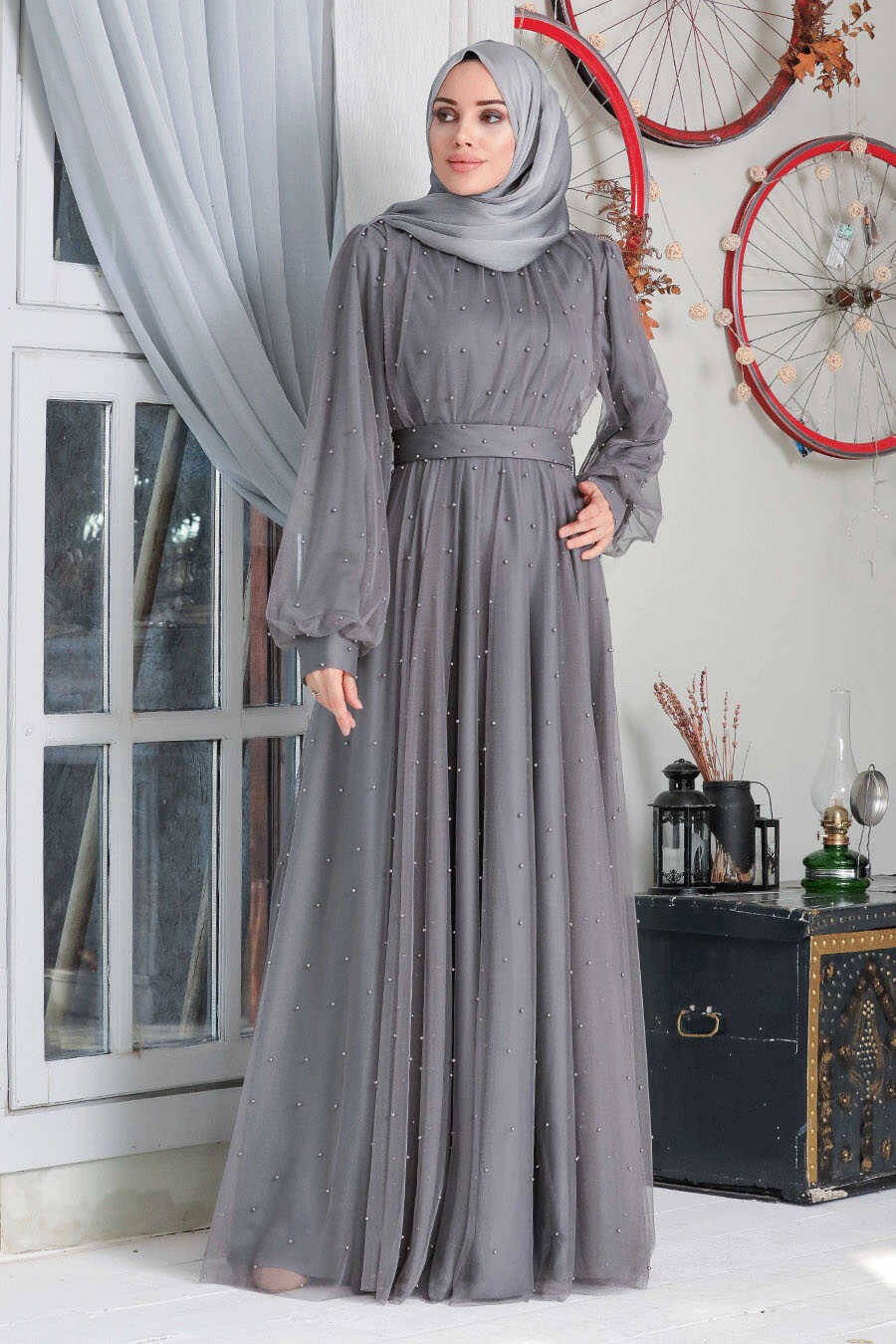 Smoke Color Hijab Evening Dress 50080FU - Neva-style.com