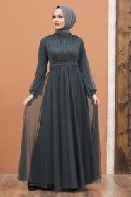Smoke Color Hijab Evening Dress 5514FU - Thumbnail