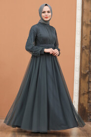 Smoke Color Hijab Evening Dress 5514FU - Thumbnail
