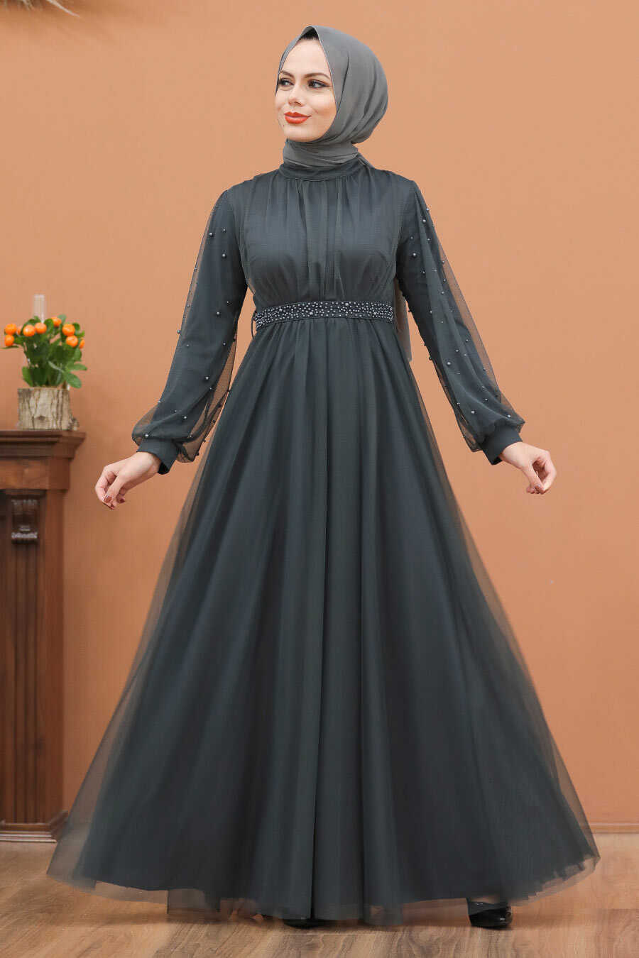 Smoke Color Hijab Evening Dress 5514FU