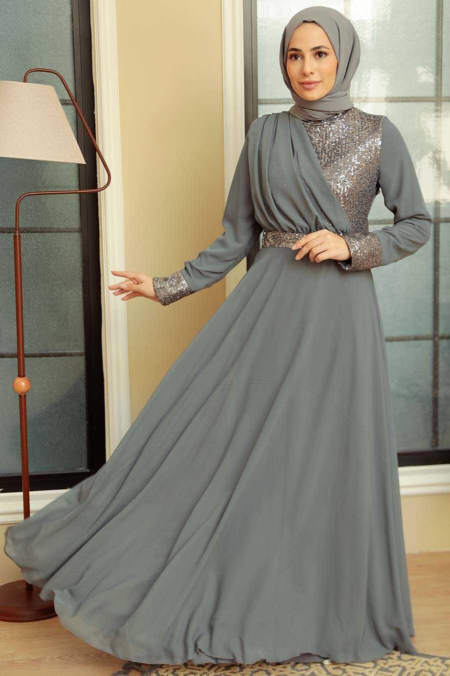 Smoke Color Hijab Evening Dress 5793FU