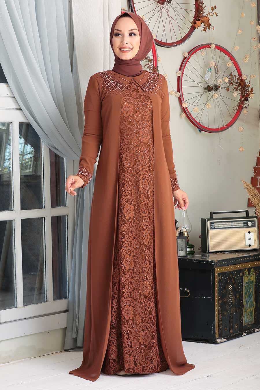Sunuff Colored Hijab Evening Dress 20803TB