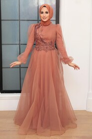 Sunuff Colored Hijab Evening Dress 22540TB - Thumbnail