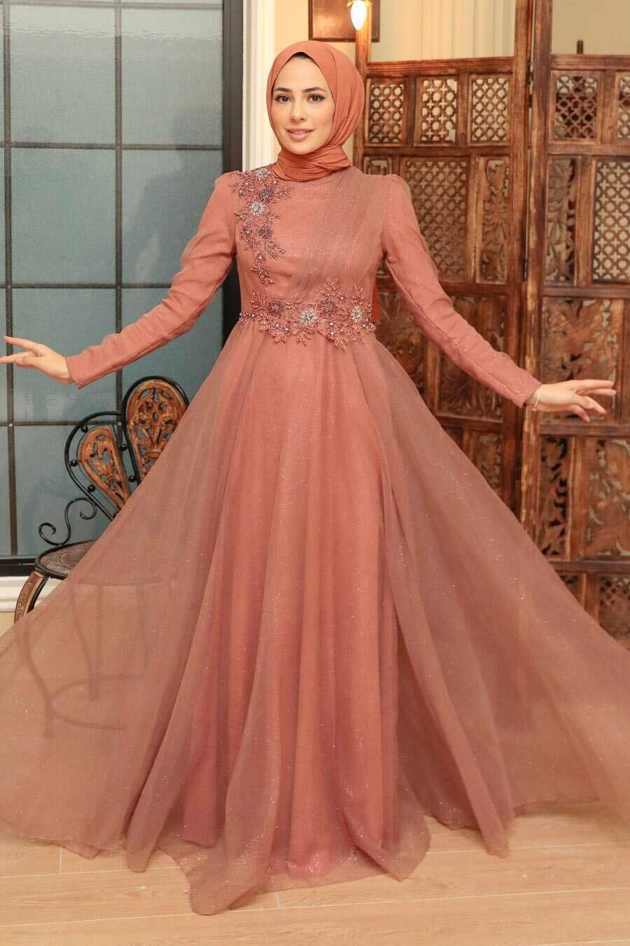 Sunuff Colored Hijab Evening Dress 22694TB