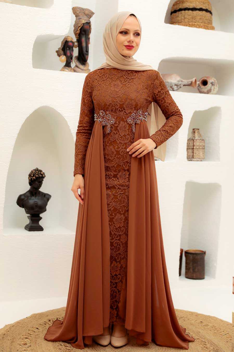 Sunuff Colored Hijab Evening Dress 9105TB