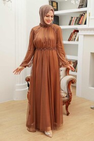 Neva Style - Plus Size Sunuff Colored Islamic Clothing Engagement Dress 9170TB - Thumbnail