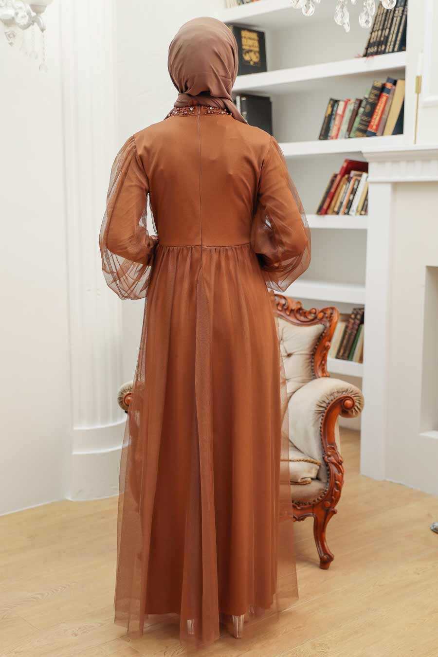 Neva Style - Plus Size Sunuff Colored Islamic Clothing Engagement Dress 9170TB