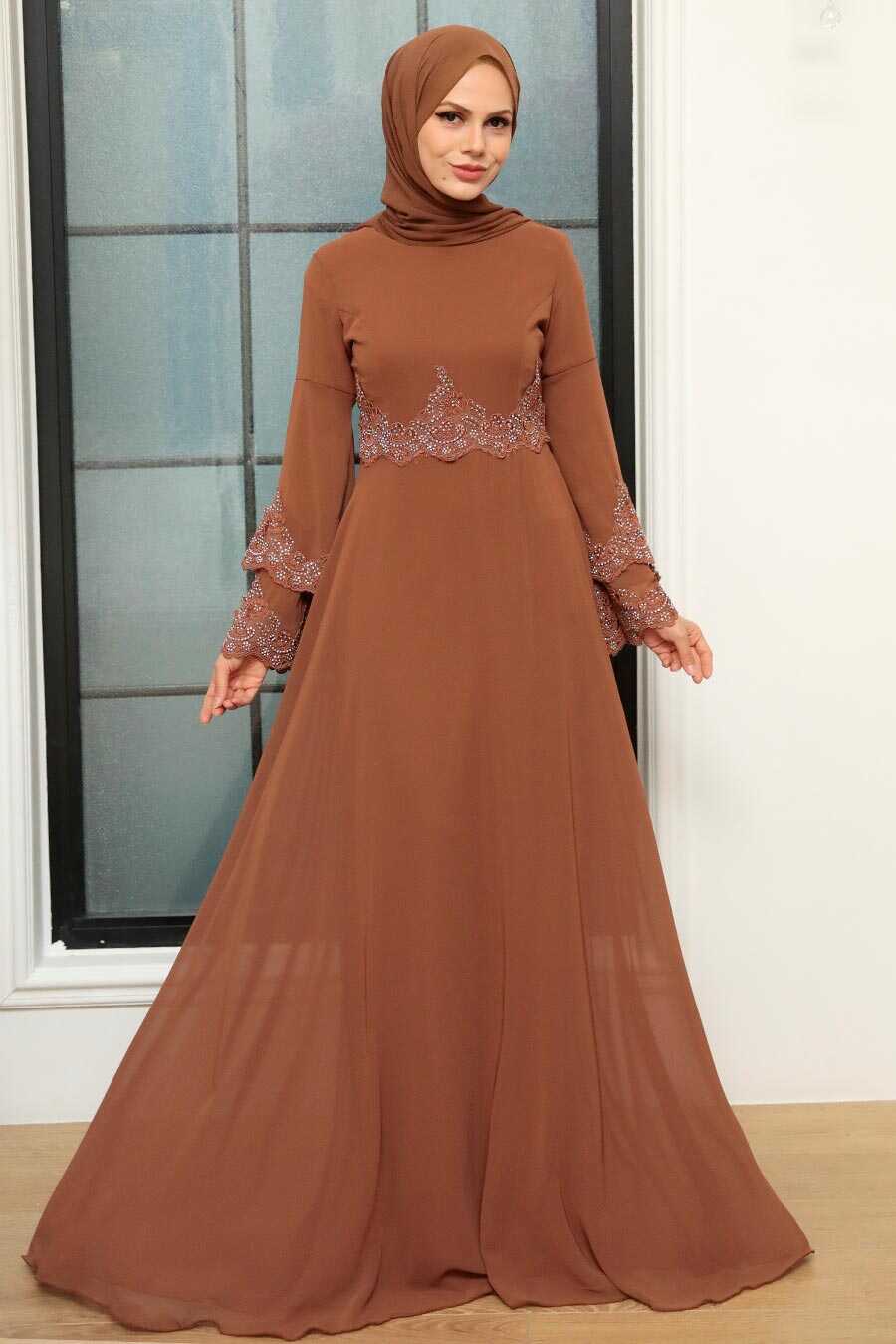 Sunuff Colored Hijab Evening Dress 9181TB