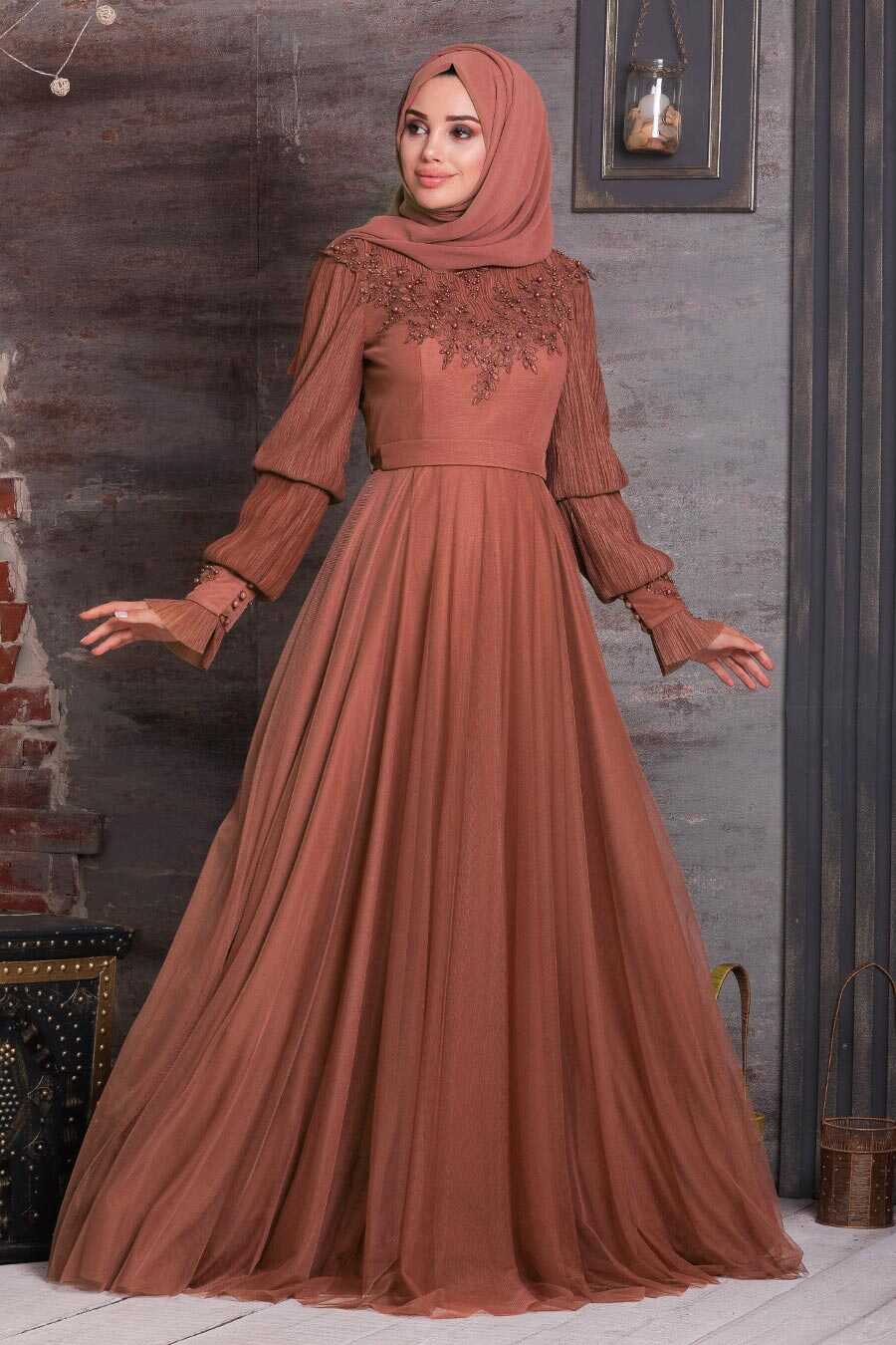 Terra Cotta Hijab Evening Dress 21780KRMT - Neva-style.com