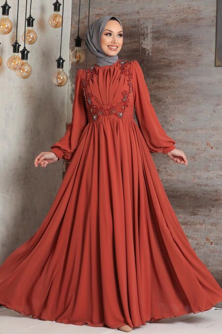 Terra Cotta Hijab Evening Dress 21921KRMT - Neva-style.com