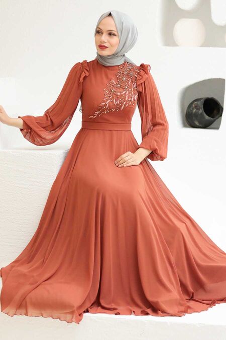 Neva Style - Long Sleeve Terra Cotta Hijab Dress 22110KRMT