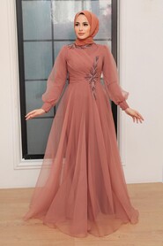 Terra Cotta Hijab Evening Dress 22551KRMT - Thumbnail